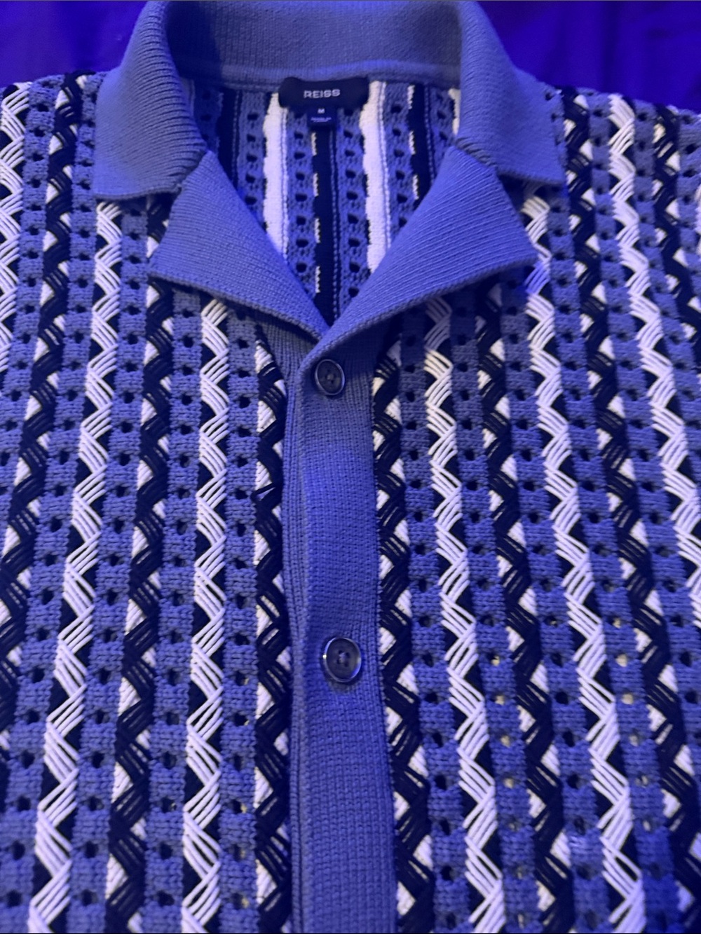 Reiss Blue and White Textured Knit Polo
